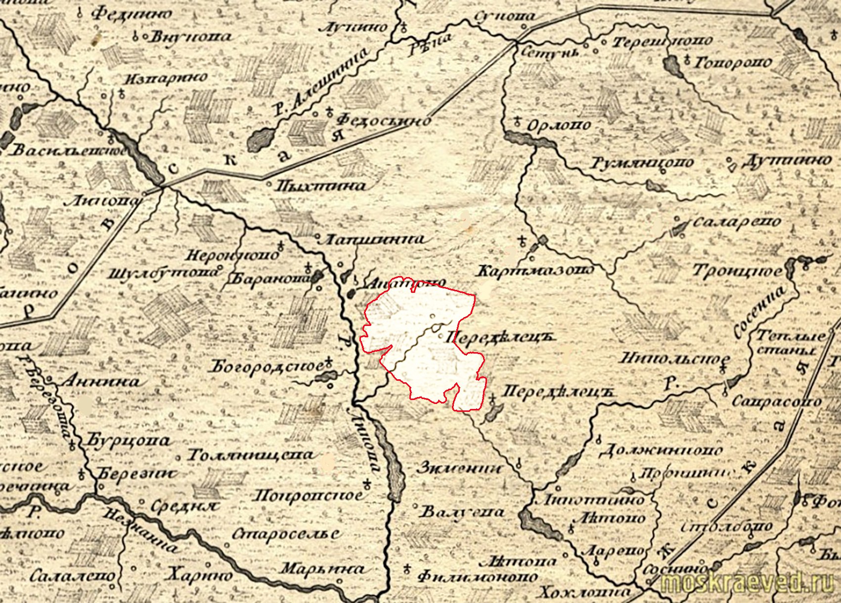 Границы города Московский на карте 1766 года